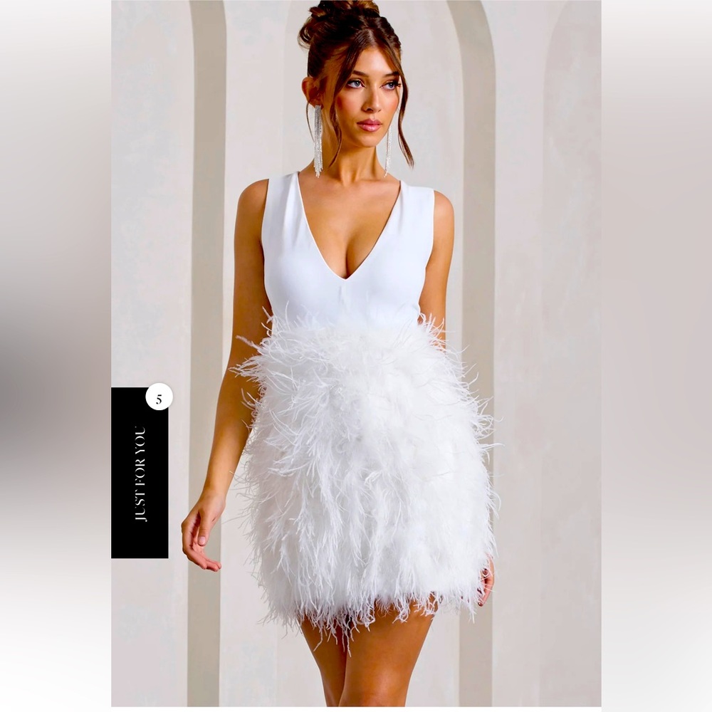 Club L London Flirt Plunge feather dress size 8, lots of stretch. White feathers